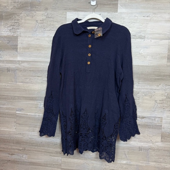 Soft Surroundings Tops - Soft Surroundings Navy Blue Crochet Lace Hem Boho Tunic Top - Size Medium